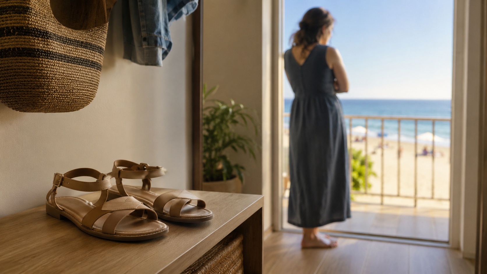 A pair of sandals sitting unused on a shelf, and in the background a person looking toward a beach they're not going to — representing the quiet cost of avoiding situations that would expose their feet.